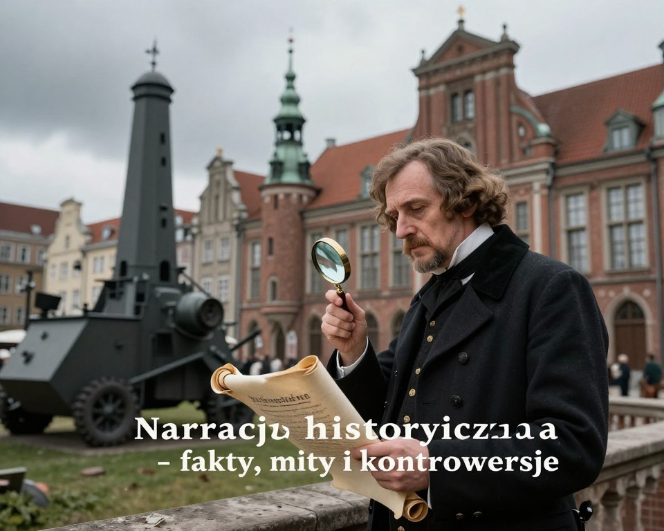 A dramatic interpretation of "Narracja historyczna - fakty, mity i kontrowersje," featuring a historical scene set in Gdańsk during the onset of World War II. In the foreground, an elegantly dressed historian stands holding a scroll and a magnifying glass, symbolizing the quest for truth among myths and controversies. The middle ground depicts the iconic Westerplatte with its imposing military structures, while the background showcases the façade of the Polish Post Office, under a moody, overcast sky. Soft, diffused lighting creates a reverent atmosphere, while hints of tension are portrayed through shadows. The angle captures the historian observing the past, encapsulating the theme of exploring history amidst conflicting narratives.