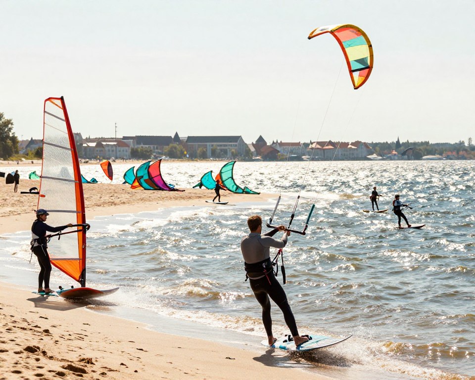A dynamic and engaging scene comparing kitesurfing and windsurfing lessons in Gdańsk. In the foreground, a kitesurfing instructor, dressed in a modest wetsuit, demonstrates techniques with a colorful kite soaring above. To the left, a windsurfing instructor in a professional attire guides a student on a vibrant board. The middle ground showcases a sandy beach with kites and windsurfing boards lined up, while a few students practice their skills on the water. In the background, the picturesque Gdańsk skyline and glimmering waves reflect the sun's light, creating a warm and inviting atmosphere. The focus is on movement and excitement, capturing the essence of water sports. The lighting is bright and vibrant, highlighting a perfect day for outdoor activities. A dynamic and engaging scene comparing kitesurfing and windsurfing lessons in Gdańsk. In the foreground, a kitesurfing instructor, dressed in a modest wetsuit, demonstrates techniques with a colorful kite soaring above. To the left, a windsurfing instructor in a professional attire guides a student on a vibrant board. The middle ground showcases a sandy beach with kites and windsurfing boards lined up, while a few students practice their skills on the water. In the background, the picturesque Gdańsk skyline and glimmering waves reflect the sun's light, creating a warm and inviting atmosphere. The focus is on movement and excitement, capturing the essence of water sports. The lighting is bright and vibrant, highlighting a perfect day for outdoor activities.