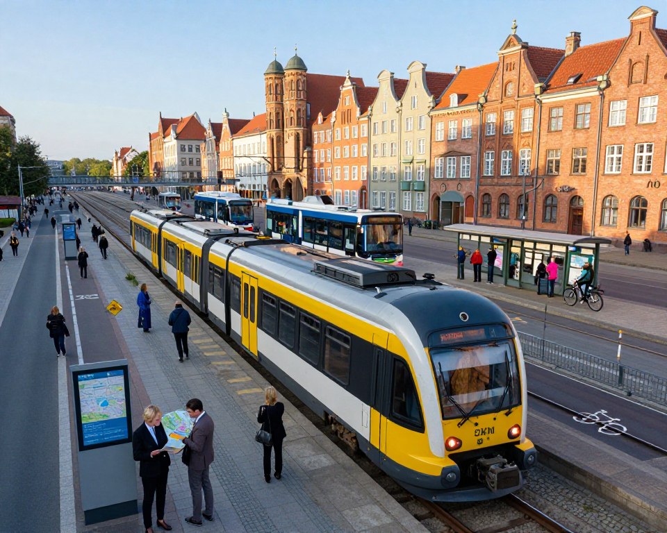 A dynamic urban scene showcasing the integration of SKM train services and municipal transport in Gdańsk, focusing on a bustling transport hub. In the foreground, modern SKM trains stand at the station with passengers, including well-dressed commuters interacting with city maps and digital displays. The middle ground features bus stops with city buses and people waiting, while cyclists are seen along a nearby dedicated bike lane. The background presents iconic Gdańsk architecture under a clear blue sky, with the sun casting a warm glow over the scene. The atmosphere is vibrant and efficient, capturing the essence of public transport connectivity in the Trójmiasto area. The view is taken at eye level with a slight angle to emphasize the interplay between different modes of transport.