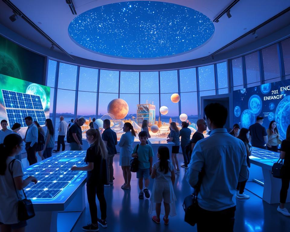 A futuristic exhibition space showcasing interactive installations about energy and space, set in the Hewelianum Center. In the foreground, diverse visitors, including families and students, engage with hands-on exhibits featuring solar panels and models of planets, dressed in smart casual attire. The middle of the scene highlights vibrant displays, including glowing screens and immersive 3D models of galaxies and renewable energy sources, bathed in soft blue and green lighting to evoke a sense of innovation and exploration. In the background, large panoramic windows reveal a twilight sky filled with stars, creating a serene atmosphere. The camera angle is slightly elevated to capture the overall layout, inviting viewers into the dynamic learning environment. A futuristic exhibition space showcasing interactive installations about energy and space, set in the Hewelianum Center. In the foreground, diverse visitors, including families and students, engage with hands-on exhibits featuring solar panels and models of planets, dressed in smart casual attire. The middle of the scene highlights vibrant displays, including glowing screens and immersive 3D models of galaxies and renewable energy sources, bathed in soft blue and green lighting to evoke a sense of innovation and exploration. In the background, large panoramic windows reveal a twilight sky filled with stars, creating a serene atmosphere. The camera angle is slightly elevated to capture the overall layout, inviting viewers into the dynamic learning environment.
