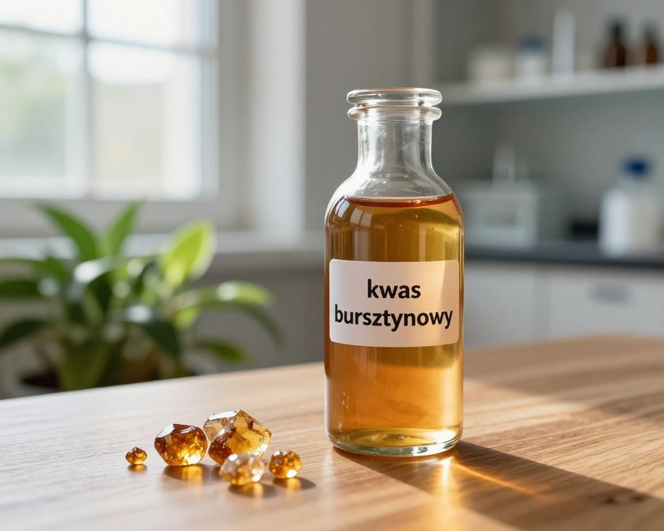A glass bottle filled with amber-colored "kwas bursztynowy" (succinic acid) resting on a polished wooden surface, glistening in the warm, natural light that filters through a nearby window. In the foreground, delicate amber crystals grace the table, showcasing their rich, golden hues. The middle layer features lush green plants representing wellness and natural healing, subtly hinting at the medicinal properties of amber. The background boasts a soft-focus view of an elegant, modern laboratory setting, emphasizing the contemporary relevance of amber in preventative health. The mood is serene and inviting, conveying a sense of harmony and well-being, with a gentle play of light and shadow enhancing the inviting atmosphere. The composition is shot with a macro lens to capture intricate details, aiming for a balanced, aesthetically pleasing arrangement. A glass bottle filled with amber-colored "kwas bursztynowy" (succinic acid) resting on a polished wooden surface, glistening in the warm, natural light that filters through a nearby window. In the foreground, delicate amber crystals grace the table, showcasing their rich, golden hues. The middle layer features lush green plants representing wellness and natural healing, subtly hinting at the medicinal properties of amber. The background boasts a soft-focus view of an elegant, modern laboratory setting, emphasizing the contemporary relevance of amber in preventative health. The mood is serene and inviting, conveying a sense of harmony and well-being, with a gentle play of light and shadow enhancing the inviting atmosphere. The composition is shot with a macro lens to capture intricate details, aiming for a balanced, aesthetically pleasing arrangement.