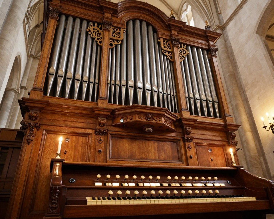 A grand, historic organ resembling the oliwski design, featuring ornate woodwork and intricate metal pipes arranged in varying heights. The foreground showcases the detailed craftsmanship of the console, with dark polished wood, elegant knobs, and softly glowing keys, inviting viewers to explore. In the middle ground, the majestic array of pipes, some shiny and others with a weathered patina, looms large, capturing the essence of its historical significance. The background reveals the architectural details of an old church interior, with soft, ambient candlelight illuminating the scene and creating an atmosphere of reverence and nostalgia. The overall composition should be captured with a warm, inviting light, using a slightly wide-angle lens to emphasize both the intricacy of the organ and the grandeur of its surroundings. A grand, historic organ resembling the oliwski design, featuring ornate woodwork and intricate metal pipes arranged in varying heights. The foreground showcases the detailed craftsmanship of the console, with dark polished wood, elegant knobs, and softly glowing keys, inviting viewers to explore. In the middle ground, the majestic array of pipes, some shiny and others with a weathered patina, looms large, capturing the essence of its historical significance. The background reveals the architectural details of an old church interior, with soft, ambient candlelight illuminating the scene and creating an atmosphere of reverence and nostalgia. The overall composition should be captured with a warm, inviting light, using a slightly wide-angle lens to emphasize both the intricacy of the organ and the grandeur of its surroundings.