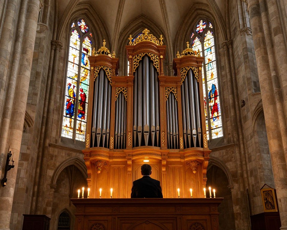 A grand view of the Oliwa Cathedral showcasing its magnificent pipe organ, placed centrally in the foreground. The organ features intricately carved wooden pipes, adorned with gold accents, reflecting the rich history of the region. In the middle ground, soft candlelight illuminates the church's stained glass windows, casting colorful patterns on the stone walls, enhancing the spiritual atmosphere. The silhouette of a musician in professional attire, poised to play, captures the essence of live performance and cultural significance. The background displays the cathedral’s towering arches and vaulted ceiling, adding depth and grandeur to the scene. The overall mood is reverent and inspiring, with warm golden light illuminating the instrument and creating a sense of musical harmony. A grand view of the Oliwa Cathedral showcasing its magnificent pipe organ, placed centrally in the foreground. The organ features intricately carved wooden pipes, adorned with gold accents, reflecting the rich history of the region. In the middle ground, soft candlelight illuminates the church's stained glass windows, casting colorful patterns on the stone walls, enhancing the spiritual atmosphere. The silhouette of a musician in professional attire, poised to play, captures the essence of live performance and cultural significance. The background displays the cathedral’s towering arches and vaulted ceiling, adding depth and grandeur to the scene. The overall mood is reverent and inspiring, with warm golden light illuminating the instrument and creating a sense of musical harmony.