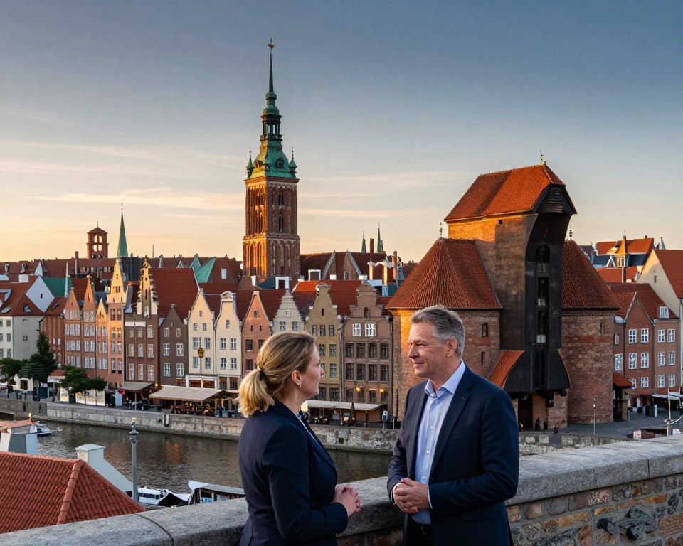A historic view of Gdańsk, showcasing the city's rich architectural heritage and cultural influences. In the foreground, a well-dressed man and woman are engaged in conversation, symbolizing dialogue between its German and Polish pasts, dressed in smart business attire. The middle ground features iconic landmarks like the Gothic St. Mary's Church, with its intricate details and Catholic symbolism, while the historic merchant houses reflect the city's Hanseatic links. In the background, the Vistula River glimmers under soft golden hour lighting, casting a serene atmosphere. Above, the sky transitions from warm tones to deep blues, enhancing the sense of a city shaped by its complex history. The perspective is slightly elevated, providing depth to the scene and inviting viewers to explore Gdańsk's unique identity. A historic view of Gdańsk, showcasing the city's rich architectural heritage and cultural influences. In the foreground, a well-dressed man and woman are engaged in conversation, symbolizing dialogue between its German and Polish pasts, dressed in smart business attire. The middle ground features iconic landmarks like the Gothic St. Mary's Church, with its intricate details and Catholic symbolism, while the historic merchant houses reflect the city's Hanseatic links. In the background, the Vistula River glimmers under soft golden hour lighting, casting a serene atmosphere. Above, the sky transitions from warm tones to deep blues, enhancing the sense of a city shaped by its complex history. The perspective is slightly elevated, providing depth to the scene and inviting viewers to explore Gdańsk's unique identity.