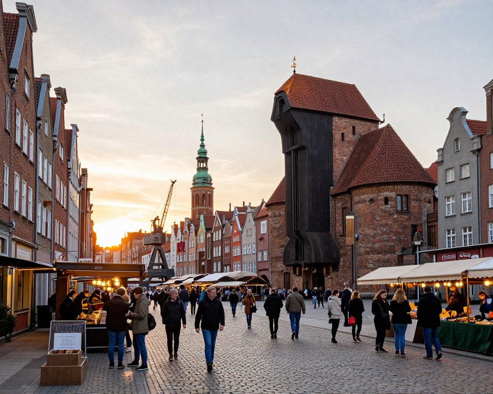 A historical depiction of Gdańsk, showcasing its complex identity as both a German and Polish city. In the foreground, an ancient cobblestone street lined with traditional brick houses, featuring architectural elements from both eras. In the middle ground, a vibrant market square bustling with people dressed in modest casual clothing, engaging in trade and conversation. In the background, the iconic Gdańsk crane and St. Mary's Church stand tall against a soft sunset, casting warm golden light over the scene. The atmosphere is lively yet reflective, capturing a moment of cultural convergence. The image should be captured using a wide-angle lens to encompass the rich details of the surroundings, enhancing the historic charm of the city. A historical depiction of Gdańsk, showcasing its complex identity as both a German and Polish city. In the foreground, an ancient cobblestone street lined with traditional brick houses, featuring architectural elements from both eras. In the middle ground, a vibrant market square bustling with people dressed in modest casual clothing, engaging in trade and conversation. In the background, the iconic Gdańsk crane and St. Mary's Church stand tall against a soft sunset, casting warm golden light over the scene. The atmosphere is lively yet reflective, capturing a moment of cultural convergence. The image should be captured using a wide-angle lens to encompass the rich details of the surroundings, enhancing the historic charm of the city.