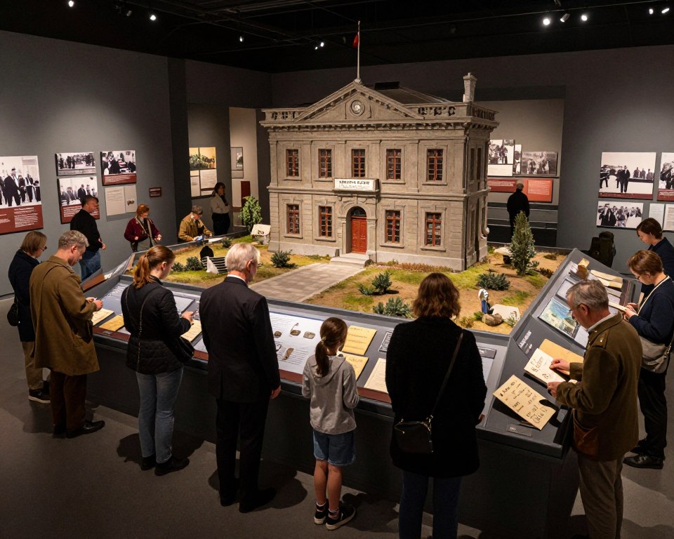 A historical education scene in the Museum of the Second World War, featuring an interactive exhibition focused on the early days of World War II, specifically the events in Gdańsk. In the foreground, diverse adults and children engage with exhibits, dressed in professional attire and casual clothing, examining artifacts like letters and uniforms. The middle ground showcases a large, immersive diorama of Westerplatte, culminating in a powerful visual representation of the Polish Post Office, surrounded by informational panels. The background consists of dimly lit museum walls adorned with historical images, creating a contemplative atmosphere. Soft, focused lighting highlights the exhibits, while the perspective is slightly elevated, capturing the emotional weight of the space and the importance of educating contemporary audiences about history.