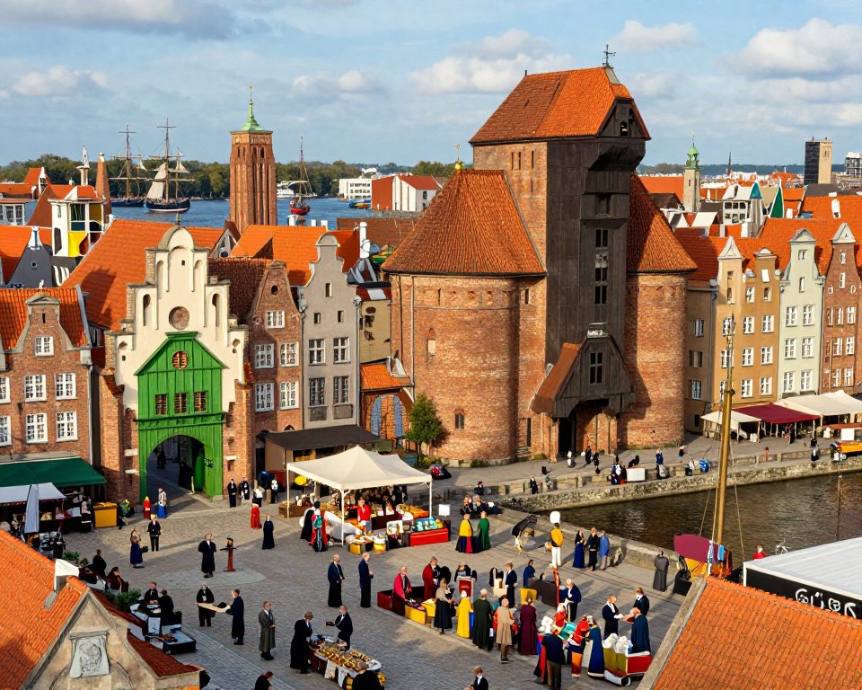 A historical representation of the Hanseatic League's influence in Gdańsk, capturing the vibrancy of 14th-century trade. In the foreground, a bustling marketplace filled with merchants in professional attire engaging in trade, surrounded by colorful goods. The middle ground features iconic Gdańsk architecture, such as the Gothic-style green gate (Zielona Brama) and brick warehouses, showcasing the city's wealth. In the background, the Vistula River reflects the blue skies with sailing ships, symbolizing maritime trade routes. The scene is illuminated by warm, golden sunlight, creating a lively atmosphere of prosperity and cultural exchange. The angle is slightly elevated, providing a panoramic view that encapsulates Gdańsk's rich history as a Hanseatic port.