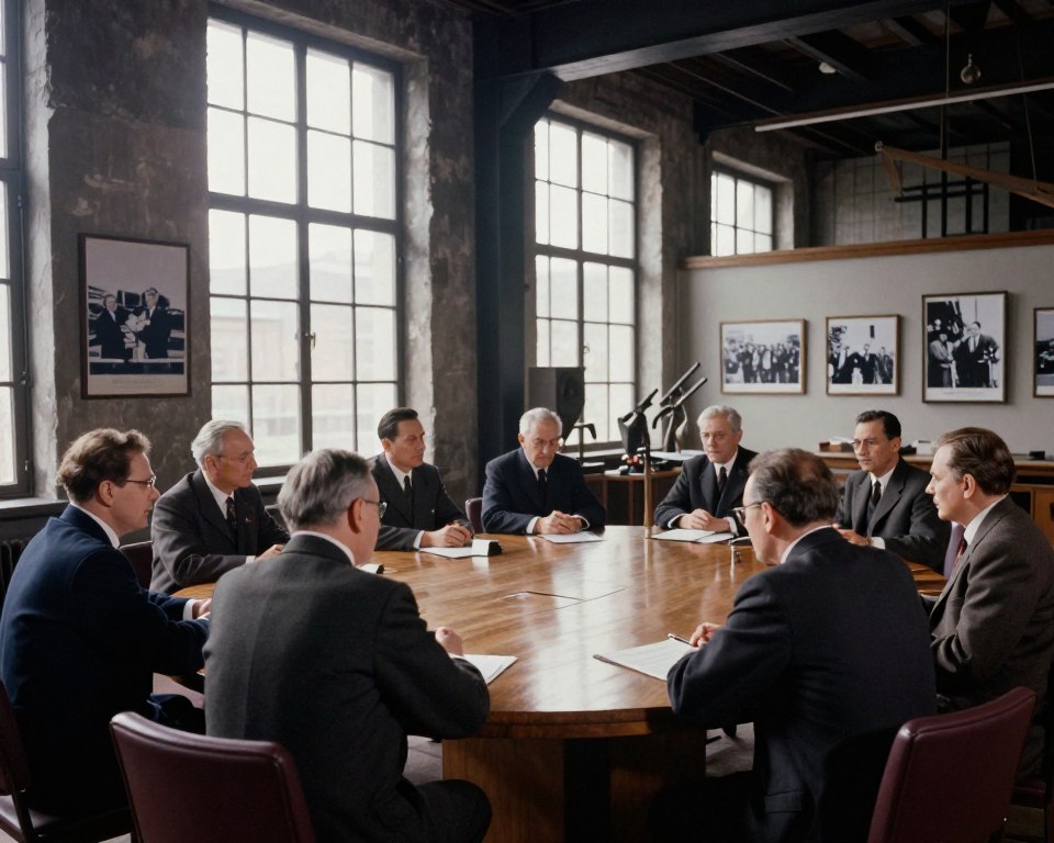 A historical representation of the Sala BHP in the Gdańsk Shipyard, focusing on the iconic interior where significant agreements were made. In the foreground, a large round table with a polished wooden surface surrounded by individuals in professional attire, engaged in serious discussion. In the middle ground, details of the room's architecture, featuring large windows that allow soft natural light to stream in, casting gentle shadows. On the walls, framed photographs of historical events and banners that evoke the spirit of collaboration and change. The background displays the industrial elements of the shipyard, with large beams and tools, hinting at the working environment. The atmosphere is somber yet hopeful, representing a turning point in history. The angle should be slightly elevated, capturing the essence of the moment without any text or distractions.