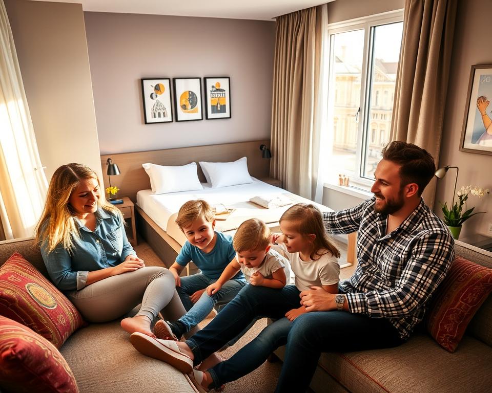 A joyful family of four, casually dressed, enjoying their stay in a cozy, welcoming family hotel room in Gdańsk. In the foreground, a mother and father are playing with their two children, a boy and a girl, on a comfortable couch adorned with colorful cushions. In the middle ground, there's a neatly arranged bed with soft lighting, casting a warm glow on the room decorated with cheerful artwork and family-friendly amenities. In the background, a window reveals the beautiful architecture of Gdańsk, showing glimpses of its historical charm. The atmosphere is vibrant and lively, evoking feelings of togetherness and joy, with natural light streaming in to enhance the inviting mood.