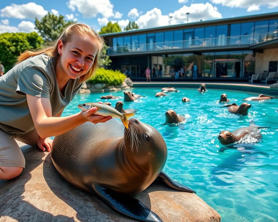 A lively scene at the Fokarium in Hel, showcasing a friendly seal feeding session. In the foreground, a visitor, wearing casual clothing, is playfully feeding a seal a fish, capturing the interaction with joy and excitement. The seal is lounging on a rock, its shiny coat glistening in the natural sunlight. In the middle ground, other seals are swimming and playing in a clear pool, surrounded by lush greenery. The background features the Fokarium building, with its large viewing windows and a blue sky dotted with fluffy white clouds. The atmosphere is vibrant and cheerful, inviting families and children to enjoy this unique marine experience. Lighting is warm and bright, emphasizing the happiness of the moment. A lively scene at the Fokarium in Hel, showcasing a friendly seal feeding session. In the foreground, a visitor, wearing casual clothing, is playfully feeding a seal a fish, capturing the interaction with joy and excitement. The seal is lounging on a rock, its shiny coat glistening in the natural sunlight. In the middle ground, other seals are swimming and playing in a clear pool, surrounded by lush greenery. The background features the Fokarium building, with its large viewing windows and a blue sky dotted with fluffy white clouds. The atmosphere is vibrant and cheerful, inviting families and children to enjoy this unique marine experience. Lighting is warm and bright, emphasizing the happiness of the moment.