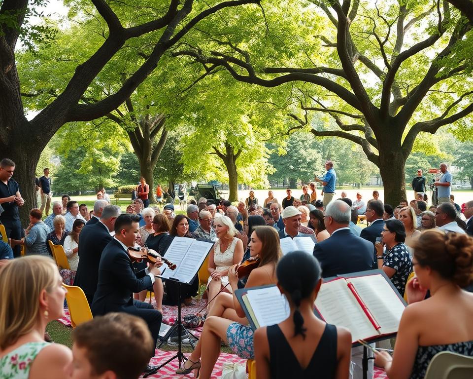 A lively scene from the Mozart Festival in Oliwa Park, capturing a diverse audience gathered under elegant trees, immersed in classical music. In the foreground, a small ensemble of musicians in professional attire passionately playing Mozart's compositions, with sheet music displayed. The middle ground features attendees of various ages, some seated on picnic blankets, others standing, all visibly enjoying the performance with expressions of joy and admiration. The background showcases the lush greenery of Oliwa Park, with soft sunlight filtering through the leaves, creating a warm and inviting atmosphere. The angle is slightly elevated, giving a comprehensive view of the scene, emphasizing the festive yet serene mood of this musical celebration.