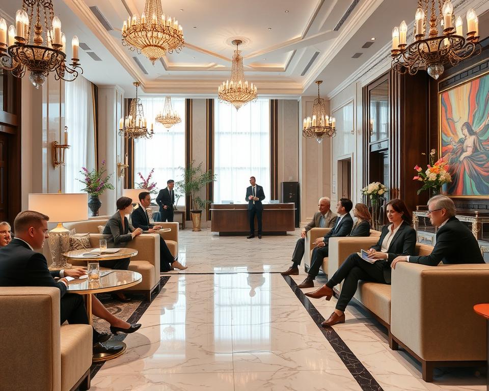A luxurious hotel lobby with elegant marble floors, adorned with opulent chandeliers and fresh floral arrangements. In the foreground, a diverse group of people dressed in professional business attire, engaging in conversation and sharing smiles, conveying a sense of warmth and hospitality. They are seated on plush sofas, with elegant café tables, amidst tasteful décor that reflects the charm of Gdańsk. In the middle ground, a reception desk with a friendly staff member checking in guests, while large windows allow soft, natural light to fill the space. The background features a glimpse of the hotel’s grand architecture, sleek design elements, and vibrant artwork on the walls. The overall mood is inviting and sophisticated, capturing the essence of five-star luxury and positive feedback from renowned guests.
