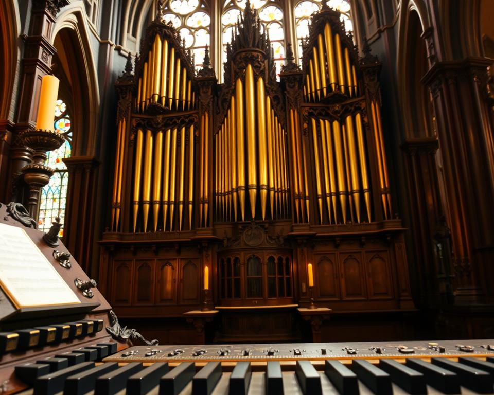 A majestic view of the Oliwa Cathedral's historic organ, richly detailed with intricate carvings and golden pipes gleaming in soft, warm light. In the foreground, feature the ornate console with its keys and stops, inviting viewers to experience the music. The middle ground showcases the towering pipe structure, adorned with religious motifs and flickering candlelight reflecting off polished wood. In the background, a hint of the cathedral's stunning stained glass windows infuses the scene with bursts of color, casting gentle light across the organ's surface. Capture this moment from a slightly elevated angle, emphasizing the grandeur and artistry of the organ within the tranquil, reverent atmosphere of the cathedral. The overall mood is one of serene reverence and historical richness, evoking a deep appreciation for the music and craftsmanship.