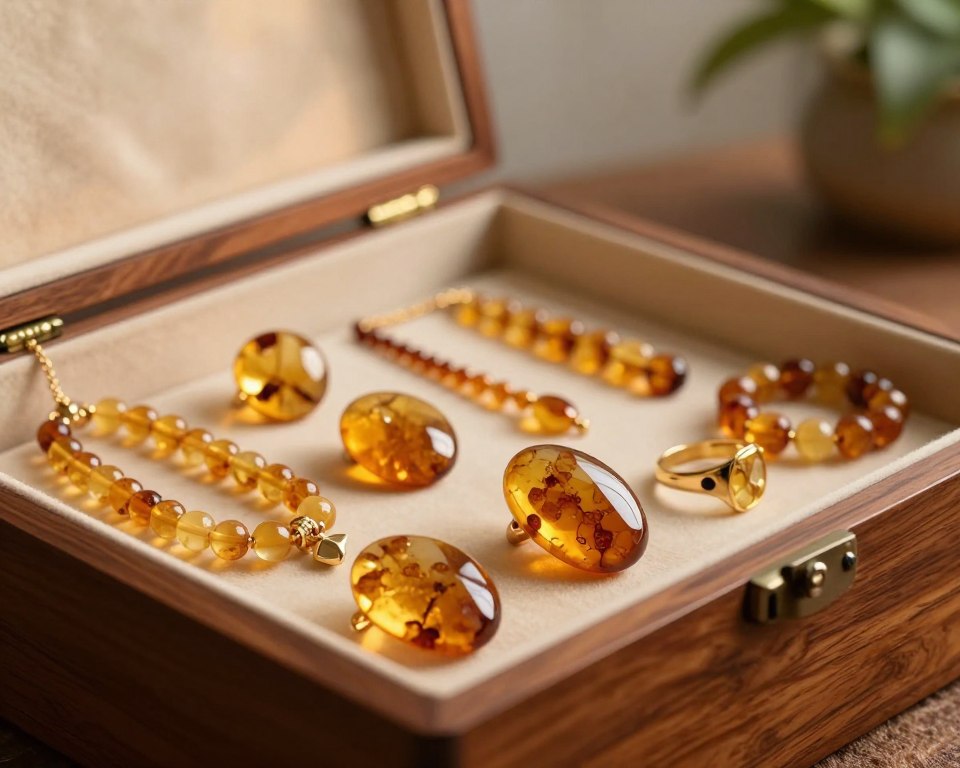 A meticulous arrangement of amber jewelry displayed in a luxury wooden box, showcasing various pieces such as necklaces, rings, and bracelets. The foreground features a rich, polished mahogany box slightly open, allowing a soft, warm light to illuminate the amber's golden hues. In the middle ground, the amber pieces glisten, highlighting their unique inclusions and textures. The background is softly blurred, depicting a serene room with subtle greenery to evoke a calm atmosphere. The lighting is warm and inviting, mimicking a late afternoon glow, while the angle captures the allure of the amber as it sparkles in the light. The overall mood conveys elegance and care in the safe storage of these precious adornments. A meticulous arrangement of amber jewelry displayed in a luxury wooden box, showcasing various pieces such as necklaces, rings, and bracelets. The foreground features a rich, polished mahogany box slightly open, allowing a soft, warm light to illuminate the amber's golden hues. In the middle ground, the amber pieces glisten, highlighting their unique inclusions and textures. The background is softly blurred, depicting a serene room with subtle greenery to evoke a calm atmosphere. The lighting is warm and inviting, mimicking a late afternoon glow, while the angle captures the allure of the amber as it sparkles in the light. The overall mood conveys elegance and care in the safe storage of these precious adornments.