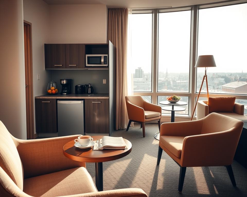 A modern and inviting hotel room interior depicting additional amenities. In the foreground, a cozy seating area features plush chairs and a small wooden table, adorned with a steaming cup of coffee and a book. In the middle, a compact kitchenette is visible, showcasing a sleek countertop with essential appliances like a mini-fridge, microwave, and coffee maker, alongside fresh fruits in a bowl. In the background, large windows allow sunlight to pour in, highlighting the warm colors of the room, while cityscape views of Gdańsk can be seen outside. Soft lighting creates a relaxing atmosphere, emphasizing comfort and convenience, suitable for guests seeking relaxation after exploring the area. Capture the essence of modern hospitality and charm in this tranquil setting. A modern and inviting hotel room interior depicting additional amenities. In the foreground, a cozy seating area features plush chairs and a small wooden table, adorned with a steaming cup of coffee and a book. In the middle, a compact kitchenette is visible, showcasing a sleek countertop with essential appliances like a mini-fridge, microwave, and coffee maker, alongside fresh fruits in a bowl. In the background, large windows allow sunlight to pour in, highlighting the warm colors of the room, while cityscape views of Gdańsk can be seen outside. Soft lighting creates a relaxing atmosphere, emphasizing comfort and convenience, suitable for guests seeking relaxation after exploring the area. Capture the essence of modern hospitality and charm in this tranquil setting.