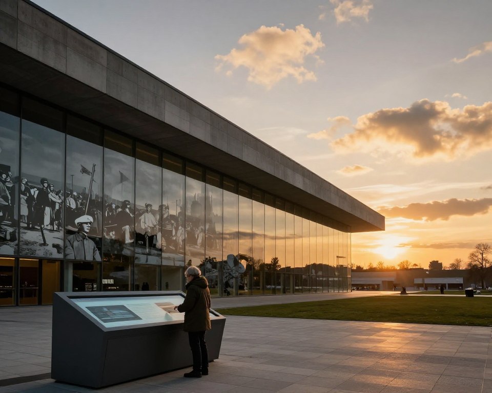 A modern architectural representation of the Museum of the Second World War, showcasing sleek lines and innovative design elements. In the foreground, a visitor interacting with an interactive exhibit, embodying the museum's educational mission. The middle ground features a glass facade reflecting historical imagery, seamlessly blending the past with the present. In the background, a dramatic sky at sunset casts warm golden light on the structure, enhancing its grandeur. The mood is contemplative and inspiring, inviting viewers to exp A modern architectural representation of the Museum of the Second World War, showcasing sleek lines and innovative design elements. In the foreground, a visitor interacting with an interactive exhibit, embodying the museum's educational mission. The middle ground features a glass facade reflecting historical imagery, seamlessly blending the past with the present. In the background, a dramatic sky at sunset casts warm golden light on the structure, enhancing its grandeur. The mood is contemplative and inspiring, inviting viewers to explore the complex narrative of history. The scene captures a sense of unity and remembrance, emphasizing the museum as a powerful storyteller of World War II.