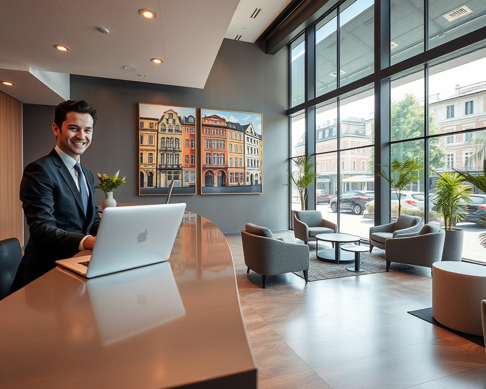 A modern, elegant hotel reception area in Gdańsk, showcasing the convenience of online hotel booking. In the foreground, a professional-looking individual in business attire is using a laptop at a sleek reception desk, with a warm smile, embodying a welcoming atmosphere. The middle ground features a stylish waiting area with plush seating and colorful artwork depicting Gdańsk's iconic architecture. The background displays a large glass window revealing a sunny street view filled with historical buildings, accentuated by lush greenery. Soft, ambient lighting enhances the inviting ambiance, while a wide-angle perspective captures the spacious layout. The overall mood is relaxed and sophisticated, emphasizing the ease and safety of online hotel reservations.