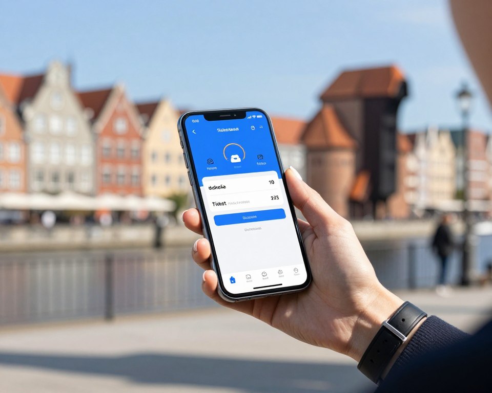 A modern smartphone held in a person's hand, displaying a mobile ticketing app interface with vivid, user-friendly design elements. The foreground features the person's hand with neatly manicured fingers, wearing a professional watch, dressed in smart casual attire. In the middle, a cityscape of Gdańsk subtly blurred, showcasing recognizable architectural elements like traditional buildings and the waterfront. The background highlights a bright, sunny day with a clear blue sky. Soft natural light casts gentle shadows, enhancing the scene's warmth and inviting vibe. This composition conveys a sense of modern convenience and accessibility in urban travel, focused on the ease of purchasing tickets via mobile apps.