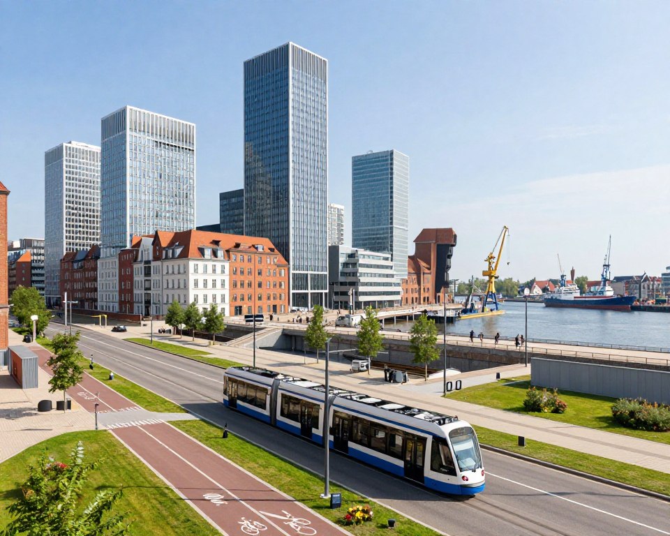A modern urban landscape of Gdańsk showcasing the modernization and development of infrastructure. In the foreground, sleek, energy-efficient public transport trams glide along freshly paved roads, surrounded by green spaces and bicycle lanes. In the middle ground, contemporary skyscrapers and renovated historic buildings blend harmoniously, symbolizing the fusion of the past and future. The background features the famous Gdańsk waterfront, with cranes and ships indicating ongoing construction and trade activities. Bright, clear sky with soft sunlight illuminating the scene, creating an optimistic and vibrant atmosphere. Use a wide-angle lens to capture the expansiveness, focusing on the interaction between nature and urban elements, emphasizing a forward-thinking vision for the city without people or overt distractions. A modern urban landscape of Gdańsk showcasing the modernization and development of infrastructure. In the foreground, sleek, energy-efficient public transport trams glide along freshly paved roads, surrounded by green spaces and bicycle lanes. In the middle ground, contemporary skyscrapers and renovated historic buildings blend harmoniously, symbolizing the fusion of the past and future. The background features the famous Gdańsk waterfront, with cranes and ships indicating ongoing construction and trade activities. Bright, clear sky with soft sunlight illuminating the scene, creating an optimistic and vibrant atmosphere. Use a wide-angle lens to capture the expansiveness, focusing on the interaction between nature and urban elements, emphasizing a forward-thinking vision for the city without people or overt distractions.