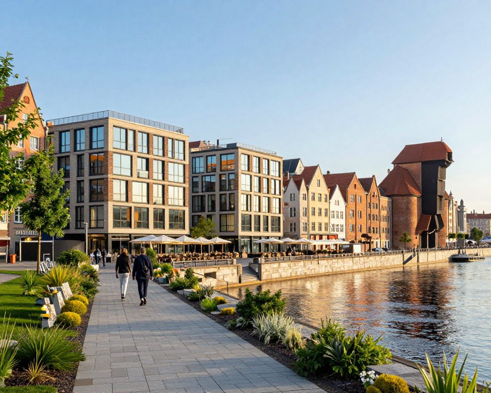 A modern waterfront scene along the Motława River, showcasing a blend of historical architecture and contemporary design. In the foreground, a gracefully paved walkway with lush greenery line the riverbank, where a few people dressed in professional attire stroll leisurely. The middle-ground features stylish apartments and cafes with large glass windows, reflecting the vibrant atmosphere of the area. In the background, the iconic structures of Gdańsk rise against a clear blue sky, illuminated by soft, golden sunlight that creates a warm, inviting ambiance. The perspective captures the essence of urban modernization and investment, emphasizing the harmonious coexistence of the old and the new, with a focus on community engagement by the waterfront.