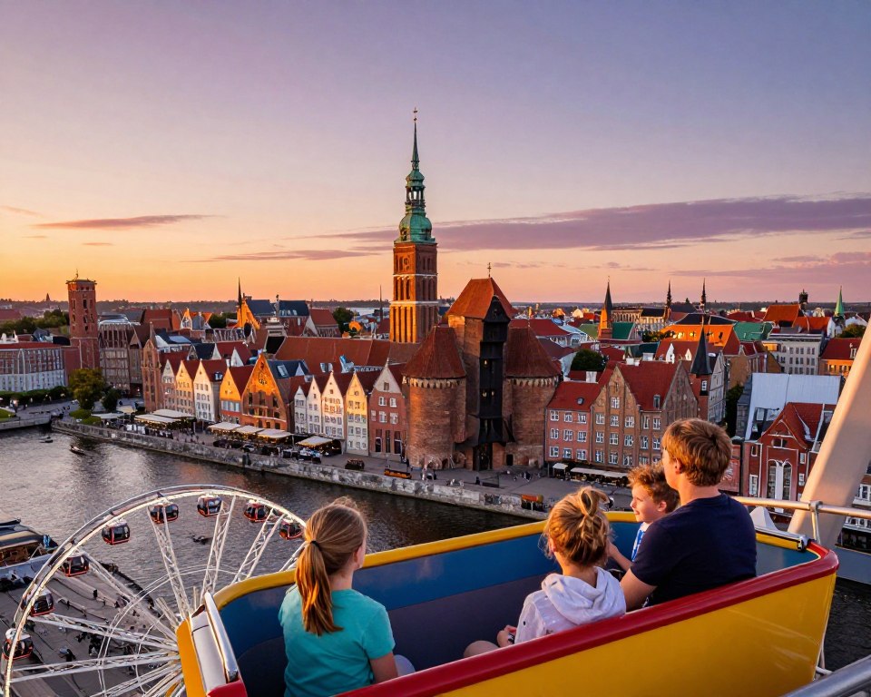 A panoramic view from the AmberSky observation wheel in Gdańsk, showcasing a stunning sunset over the historic skyline. In the foreground, the vibrant, colorful gondolas of the Ferris wheel are seen, with happy children and parents enjoying the ride, dressed in casual clothing. In the middle ground, the beautiful architecture of Gdańsk’s Old Town with its iconic buildings, including the Gothic-style St. Mary's Church, can be seen bathed in warm golden light. The background features a tranquil sky blending shades of orange, pink, and purple as the sun sets over the Motława River. This image should capture the joy of family outings and the breathtaking cityscape, evoking a sense of wonder and adventure. Use a wide-angle perspective to enhance the view and create an inviting atmosphere. A panoramic view from the AmberSky observation wheel in Gdańsk, showcasing a stunning sunset over the historic skyline. In the foreground, the vibrant, colorful gondolas of the Ferris wheel are seen, with happy children and parents enjoying the ride, dressed in casual clothing. In the middle ground, the beautiful architecture of Gdańsk’s Old Town with its iconic buildings, including the Gothic-style St. Mary's Church, can be seen bathed in warm golden light. The background features a tranquil sky blending shades of orange, pink, and purple as the sun sets over the Motława River. This image should capture the joy of family outings and the breathtaking cityscape, evoking a sense of wonder and adventure. Use a wide-angle perspective to enhance the view and create an inviting atmosphere.