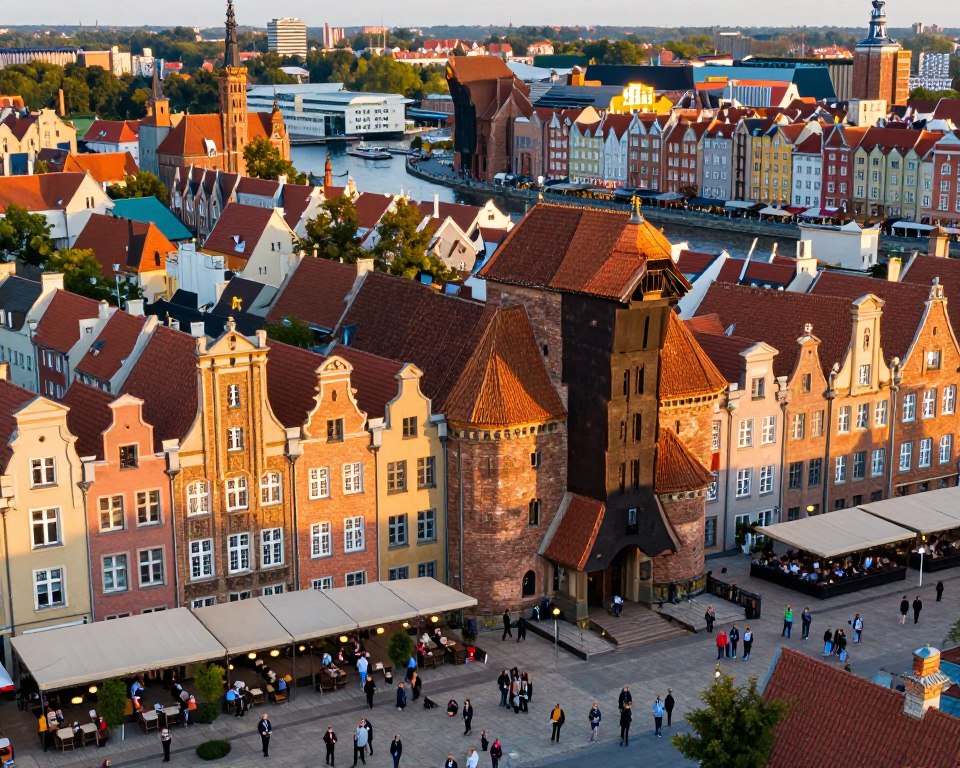 A panoramic view of Targ Węglowy in Gdańsk during the golden hour, capturing its rich historical context. In the foreground, an elegant square bustling with people dressed in smart casual attire, interacting and enjoying the ambiance. The middle ground features the iconic Gothic architecture of surrounding buildings, with intricate facades reflecting the warmth of the setting sun. In the background, the Vistula River glimmers softly, nestled between antique structures and modern shops, evoking a sense of contrast between old and new. Add gentle soft-focus lighting to enhance the atmosphere, highlighting the historical significance of this vibrant marketplace while creating a welcoming mood. Use a slight aerial angle to encompass the entire scene, emphasizing the geographical placement within Gdańsk. A panoramic view of Targ Węglowy in Gdańsk during the golden hour, capturing its rich historical context. In the foreground, an elegant square bustling with people dressed in smart casual attire, interacting and enjoying the ambiance. The middle ground features the iconic Gothic architecture of surrounding buildings, with intricate facades reflecting the warmth of the setting sun. In the background, the Vistula River glimmers softly, nestled between antique structures and modern shops, evoking a sense of contrast between old and new. Add gentle soft-focus lighting to enhance the atmosphere, highlighting the historical significance of this vibrant marketplace while creating a welcoming mood. Use a slight aerial angle to encompass the entire scene, emphasizing the geographical placement within Gdańsk.