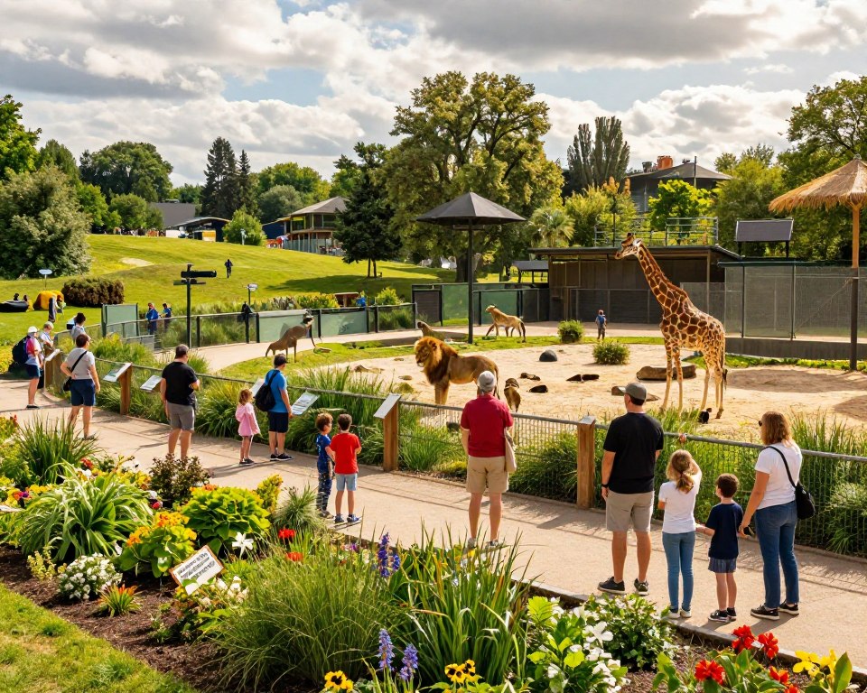 A panoramic view of the Gdańsk Zoo, showcasing various scenic viewpoints and animal exhibits. In the foreground, lush greenery with vibrant flowers and informative wooden signs leading to different animal enclosures. The middle ground features visitors, including families and children, observing animals like lions and giraffes behind glass or fences, all dressed in casual clothing. In the background, a gently rolling landscape extends with tall trees and distant enclosures, bathed in warm sunlight, creating a welcoming atmosphere. Soft shadows cast by clouds enhance the scene. Capture the lively environment, emphasizing the joy of exploration in a modern zoological setting. Use a wide-angle lens to encapsulate the expansive vistas and improve depth perception. A panoramic view of the Gdańsk Zoo, showcasing various scenic viewpoints and animal exhibits. In the foreground, lush greenery with vibrant flowers and informative wooden signs leading to different animal enclosures. The middle ground features visitors, including families and children, observing animals like lions and giraffes behind glass or fences, all dressed in casual clothing. In the background, a gently rolling landscape extends with tall trees and distant enclosures, bathed in warm sunlight, creating a welcoming atmosphere. Soft shadows cast by clouds enhance the scene. Capture the lively environment, emphasizing the joy of exploration in a modern zoological setting. Use a wide-angle lens to encapsulate the expansive vistas and improve depth perception.