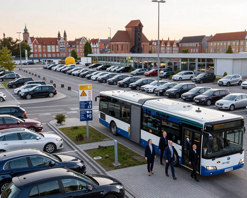 A panoramic view of the Park and Ride facility in Gdańsk, focusing on a clean, modern parking lot filled with various vehicles, showcasing convenience and accessibility. In the foreground, well-dressed commuters, including professionals in business attire, are boarding a sleek bus, emphasizing the easy transition from car to public transport. The middle ground features a clear signage system with contemporary design, indicating prices and services, creating a sense of organization. In the background, the iconic architecture of Gdańsk is visible, bathed in soft, warm evening light that gives a welcoming atmosphere. The scene conveys a sense of community and efficient urban transport solutions, highlighting the benefits of Park and Ride in a bustling city environment.