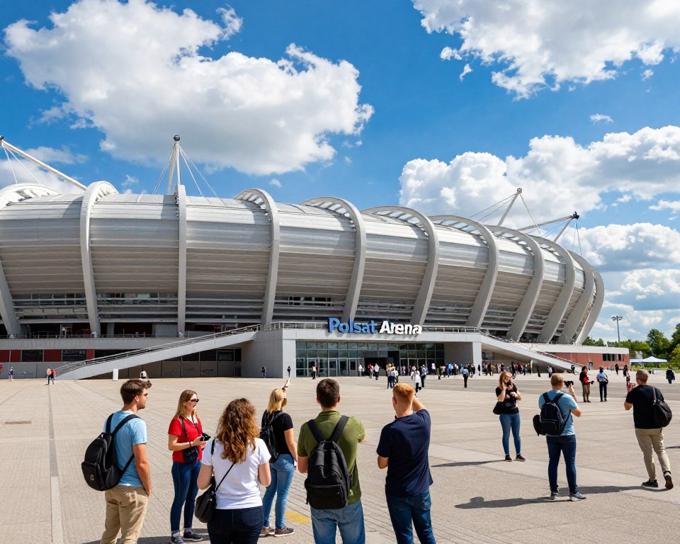 A panoramic view of the Polsat Plus Arena Gdańsk, showcasing its modern architecture and iconic roof design. In the foreground, a small group of tourists, dressed in casual attire, is engaged in a guided tour, pointing towards the stadium's intricate details. The middle of the image features the stadium's grand entrance, with excited visitors capturing memories on their cameras. The background captures a vivid blue sky with fluffy clouds, illuminating the stadium under bright daylight. The atmosphere is lively and inviting, reflecting the excitement of a guided tour. The perspective is slightly elevated, offering a comprehensive view of the arena’s impressive structure. The image is vibrant, emphasizing the highlights of a stadium tour experience without any text or distractions.