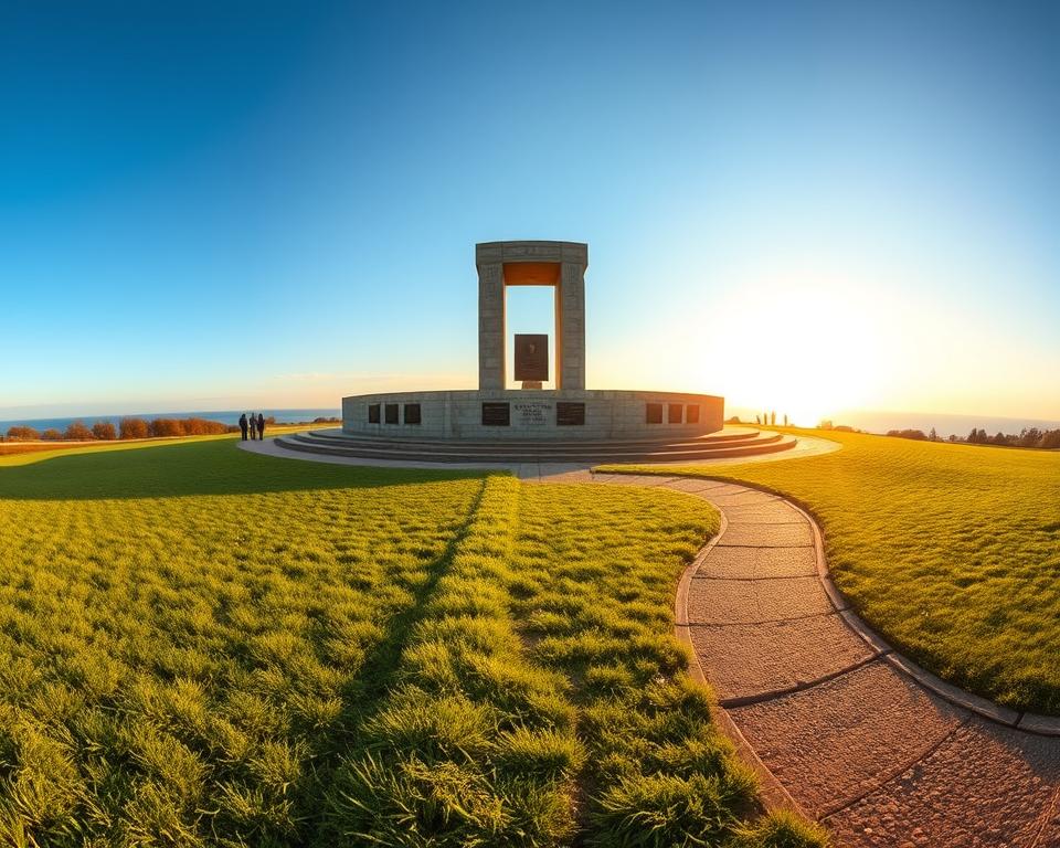 A panoramic view of the "Pomnik Obrońców" located on Westerplatte, vividly capturing its detailed structure and surrounding landscape. In the foreground, lush green grass and a well-trodden path leading to the monument, hinting at foot traffic from visitors. The middle ground features the imposing monument, showcasing its granite features and commemorative plaques, bathed in soft golden sunlight that highlights its significance. In the background, hints of the Baltic Sea are visible under a clear blue sky, contributing to the serene yet reflective atmosphere. The image should convey a sense of respect and history, with a warm, inviting glow that encourages exploration. The shot is taken at a slight upward angle to emphasize the monument against the sky. A panoramic view of the "Pomnik Obrońców" located on Westerplatte, vividly capturing its detailed structure and surrounding landscape. In the foreground, lush green grass and a well-trodden path leading to the monument, hinting at foot traffic from visitors. The middle ground features the imposing monument, showcasing its granite features and commemorative plaques, bathed in soft golden sunlight that highlights its significance. In the background, hints of the Baltic Sea are visible under a clear blue sky, contributing to the serene yet reflective atmosphere. The image should convey a sense of respect and history, with a warm, inviting glow that encourages exploration. The shot is taken at a slight upward angle to emphasize the monument against the sky.