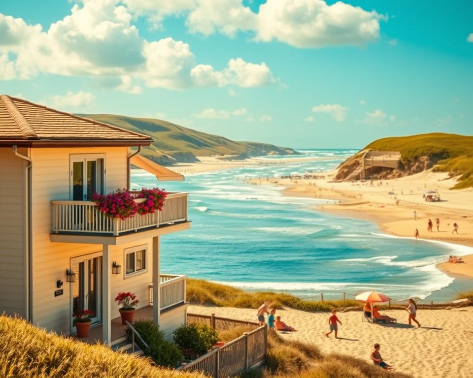 A picturesque coastal scene featuring inviting accommodations by the sea. In the foreground, a charming beachfront guesthouse with a cozy balcony overlooking the ocean, adorned with vibrant flowers. In the middle ground, families enjoying leisure time on the sandy beach, some engaged in beach games, others relaxing under colorful umbrellas. The background showcases gentle waves lapping against the shore, framed by lush green dunes and a clear blue sky dotted with soft white clouds. The scene is bathed in warm, golden sunlight, creating a tranquil and inviting atmosphere. The composition captures the essence of summer vacations, evoking feelings of relaxation and joy. A picturesque coastal scene featuring inviting accommodations by the sea. In the foreground, a charming beachfront guesthouse with a cozy balcony overlooking the ocean, adorned with vibrant flowers. In the middle ground, families enjoying leisure time on the sandy beach, some engaged in beach games, others relaxing under colorful umbrellas. The background showcases gentle waves lapping against the shore, framed by lush green dunes and a clear blue sky dotted with soft white clouds. The scene is bathed in warm, golden sunlight, creating a tranquil and inviting atmosphere. The composition captures the essence of summer vacations, evoking feelings of relaxation and joy.