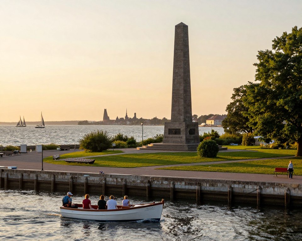 A picturesque scene of Westerplatte, showcasing its historical significance and natural beauty. In the foreground, a serene harbor with a small boat gently sailing, passengers on board dressed in casual clothing, admiring the surroundings. The middle ground features the iconic monument of the Defenders of the Westerplatte, a tall and imposing structure representing resilience, surrounded by lush greenery and well-maintained pathways. The background reveals the Baltic Sea meeting the sky, with sails of distant ships and the silhouette of Gdańsk’s skyline at sunset, casting warm golden hues over the landscape. Soft, ambient lighting creates a tranquil, reflective atmosphere, inviting viewers to immerse themselves in the rich heritage of this significant site. A picturesque scene of Westerplatte, showcasing its historical significance and natural beauty. In the foreground, a serene harbor with a small boat gently sailing, passengers on board dressed in casual clothing, admiring the surroundings. The middle ground features the iconic monument of the Defenders of the Westerplatte, a tall and imposing structure representing resilience, surrounded by lush greenery and well-maintained pathways. The background reveals the Baltic Sea meeting the sky, with sails of distant ships and the silhouette of Gdańsk’s skyline at sunset, casting warm golden hues over the landscape. Soft, ambient lighting creates a tranquil, reflective atmosphere, inviting viewers to immerse themselves in the rich heritage of this significant site.