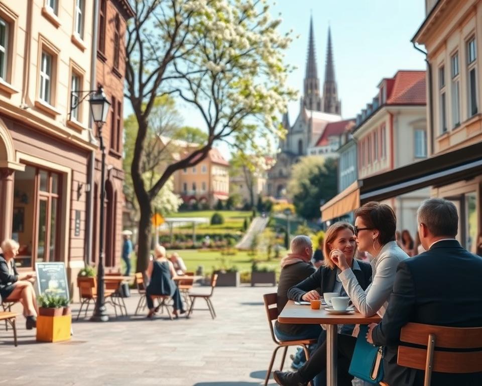 A picturesque street scene in the neighborhoods of Oliwa and Wrzeszcz in Gdańsk, showcasing charming architecture and vibrant local life. In the foreground, a cozy outdoor café with people enjoying coffee, dressed in smart casual attire. The middle ground features a serene park with lush greenery and historic buildings, emphasizing the harmonious blend of nature and urban life. The background showcases the iconic Oliwa Cathedral, framed by blooming trees and a bright blue sky. The scene is bathed in soft, warm sunlight, evoking a welcoming and relaxed atmosphere. A slight depth of field creates an artistic focus on the café while gently blurring the background, enhancing the mood of exploration and leisure in these alternative tourist spots. A picturesque street scene in the neighborhoods of Oliwa and Wrzeszcz in Gdańsk, showcasing charming architecture and vibrant local life. In the foreground, a cozy outdoor café with people enjoying coffee, dressed in smart casual attire. The middle ground features a serene park with lush greenery and historic buildings, emphasizing the harmonious blend of nature and urban life. The background showcases the iconic Oliwa Cathedral, framed by blooming trees and a bright blue sky. The scene is bathed in soft, warm sunlight, evoking a welcoming and relaxed atmosphere. A slight depth of field creates an artistic focus on the café while gently blurring the background, enhancing the mood of exploration and leisure in these alternative tourist spots.