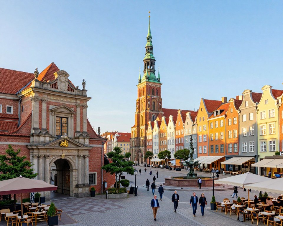 A picturesque view of Droga Królewska in Gdańsk, highlighting its key monuments and landmarks. In the foreground, detail the elegant architecture of the Golden Gate and the towering spires of St. Mary's Church, surrounded by vibrant local shops and cafes. The middle ground showcases the historical Neptun Fountain, with people strolling in professional and casual attire. In the background, capture the colorful facades of the historic buildings lining the street, under a clear blue sky. Soft sunlight bathes the scene, creating a warm and inviting atmosphere. The perspective should be slightly elevated, offering a comprehensive view down the iconic route, evoking a sense of history and cultural richness. No text or logos included.