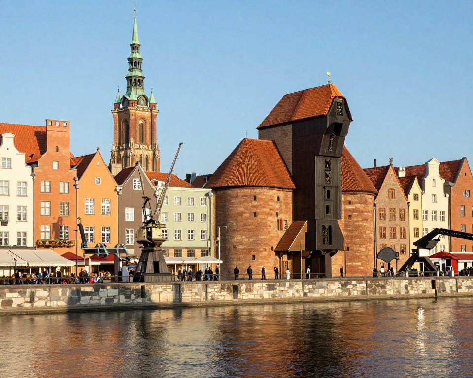 A picturesque view of Gdańsk, showcasing its iconic architecture and historical landmarks. In the foreground, the impressive Gdańsk Crane stands tall by the waterfront, its wooden structure reflecting in the calm waters of the Motława River. In the middle ground, the colorful facades of the Long Market are bustling with people dressed in professional attire, adding a vibrant life to the scene. The majestic St. Mary's Church towers in the background, its intricate Gothic spire piercing the blue sky. Soft golden sunlight bathes the scene, creating warm shadows and a welcoming atmosphere. This composition captures the essence of Gdańsk's rich history and cultural heritage, evoking a sense of nostalgia and pride. The angle is slightly elevated, providing a comprehensive view of this remarkable cityscape.