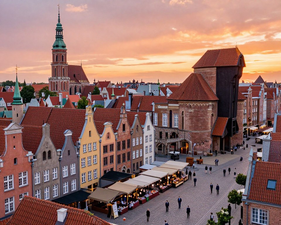 A picturesque view of Gdańsk showcasing the architectural heritage of the Hanseatic League. In the foreground, intricately detailed old town buildings with vibrant facades and stepped gables typical of Hanseatic architecture. Include bustling cobblestone streets with people in professional business attire, admiring the structures. The middle ground features a historic market scene with merchants and goods reminiscent of the Hanseatic trade. The background highlights a dramatic sunset, casting an orange and pink hue over the medieval skyline, including the iconic St. Mary's Church. Soft, golden lighting enhances the warm atmosphere, evoking a sense of historical richness and cultural legacy. The composition captures the essence of Gdańsk's heritage as a vital Hanseatic city.
