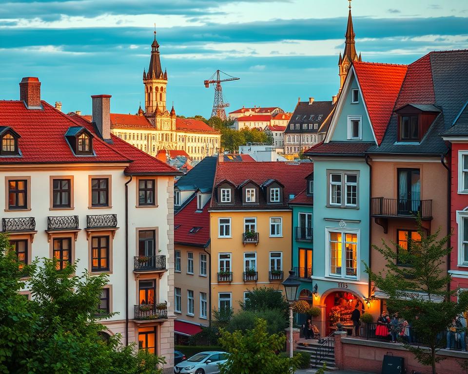 A picturesque view of Gdańsk showcasing various accommodation options, prominently featuring a charming hotel with a classic facade and cozy balconies in the foreground. In the middle ground, display a modern Airbnb with stylish decor and a welcoming entrance. In the background, capture the iconic gothic architecture of Gdańsk's Main Town with its colorful buildings and the famous Crane by the river. The lighting should be warm and inviting, mimicking a late afternoon glow, to evoke a sense of comfort and hospitality. Include lush greenery and vibrant city life around, emphasizing a friendly atmosphere. The scene should be framed from a slightly elevated angle, offering a panoramic view, inviting the viewer to explore the diverse lodging available in Gdańsk. A picturesque view of Gdańsk showcasing various accommodation options, prominently featuring a charming hotel with a classic facade and cozy balconies in the foreground. In the middle ground, display a modern Airbnb with stylish decor and a welcoming entrance. In the background, capture the iconic gothic architecture of Gdańsk's Main Town with its colorful buildings and the famous Crane by the river. The lighting should be warm and inviting, mimicking a late afternoon glow, to evoke a sense of comfort and hospitality. Include lush greenery and vibrant city life around, emphasizing a friendly atmosphere. The scene should be framed from a slightly elevated angle, offering a panoramic view, inviting the viewer to explore the diverse lodging available in Gdańsk.