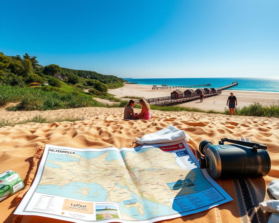 A picturesque view of Hel Peninsula, Poland, showcasing the serene beaches and charming coastal towns. In the foreground, a detailed map displaying local attractions is spread on a picnic blanket, surrounded by eco-friendly travel essentials like a reusable water bottle and snacks. In the middle ground, families in modest casual clothing enjoy the sun on golden sands, while others explore wooden boardwalks leading to quaint beach huts. The background reveals lush greenery, white sandy beaches, and the tranquil blue Baltic Sea under a clear blue sky. The scene is bathed in warm, inviting sunlight, enhancing the cheerful and adventurous atmosphere of planning a perfect trip to the Hel Peninsula. The composition captures both nature's beauty and the joy of travel planning without any people positioned directly in front of the map.