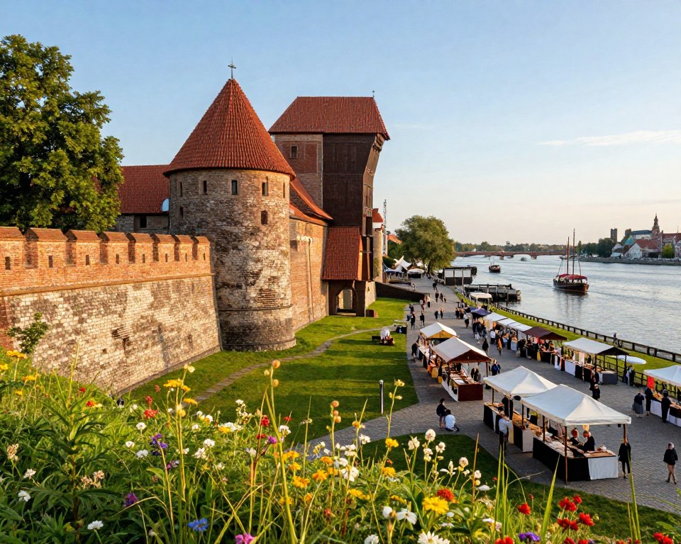 A picturesque view of Twierdza Wisłoujście in Gdańsk, highlighting its historical architecture and scenic surroundings. In the foreground, lush green grass dotted with colorful wildflowers frames the ancient stone walls of the fortress. The middle ground showcases the intricate details of the fortress structure, with its robust towers and crenellations under soft, warm sunlight. In the background, the calm waters of the Vistula River reflect the blue sky, while traditional boats can be seen sailing peacefully. A cultural event, such as a local fair with modestly dressed visitors exploring stalls and engaging in activities, adds a lively atmosphere. Capture this scene from a slightly elevated angle, enhancing depth, with bright, inviting colors that evoke a sense of historical charm and cultural richness. A picturesque view of Twierdza Wisłoujście in Gdańsk, highlighting its historical architecture and scenic surroundings. In the foreground, lush green grass dotted with colorful wildflowers frames the ancient stone walls of the fortress. The middle ground showcases the intricate details of the fortress structure, with its robust towers and crenellations under soft, warm sunlight. In the background, the calm waters of the Vistula River reflect the blue sky, while traditional boats can be seen sailing peacefully. A cultural event, such as a local fair with modestly dressed visitors exploring stalls and engaging in activities, adds a lively atmosphere. Capture this scene from a slightly elevated angle, enhancing depth, with bright, inviting colors that evoke a sense of historical charm and cultural richness.