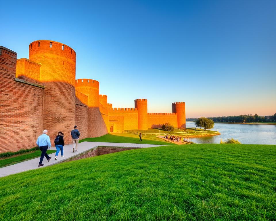 A picturesque view of Twierdza Wisłoujście in Gdańsk, showcasing its impressive brick fortifications illuminated by warm afternoon sunlight. In the foreground, lush green grass surrounds the entrance, and a few visitors dressed in casual, modest attire can be seen exploring the historical site, adding a sense of life and engagement. The middle ground features the fortress itself, with its distinctive towers and walls, contrasting against the clear blue sky. The background includes the serene Vistula River flowing gently, framed by distant trees and scenic landscapes. The scene conveys a peaceful yet majestic atmosphere, inviting exploration and highlighting the fortress’s historical significance. Use a wide-angle lens to capture the full extent of the site, emphasizing depth and detail, making it ideal for an informative article illustration. A picturesque view of Twierdza Wisłoujście in Gdańsk, showcasing its impressive brick fortifications illuminated by warm afternoon sunlight. In the foreground, lush green grass surrounds the entrance, and a few visitors dressed in casual, modest attire can be seen exploring the historical site, adding a sense of life and engagement. The middle ground features the fortress itself, with its distinctive towers and walls, contrasting against the clear blue sky. The background includes the serene Vistula River flowing gently, framed by distant trees and scenic landscapes. The scene conveys a peaceful yet majestic atmosphere, inviting exploration and highlighting the fortress’s historical significance. Use a wide-angle lens to capture the full extent of the site, emphasizing depth and detail, making it ideal for an informative article illustration.