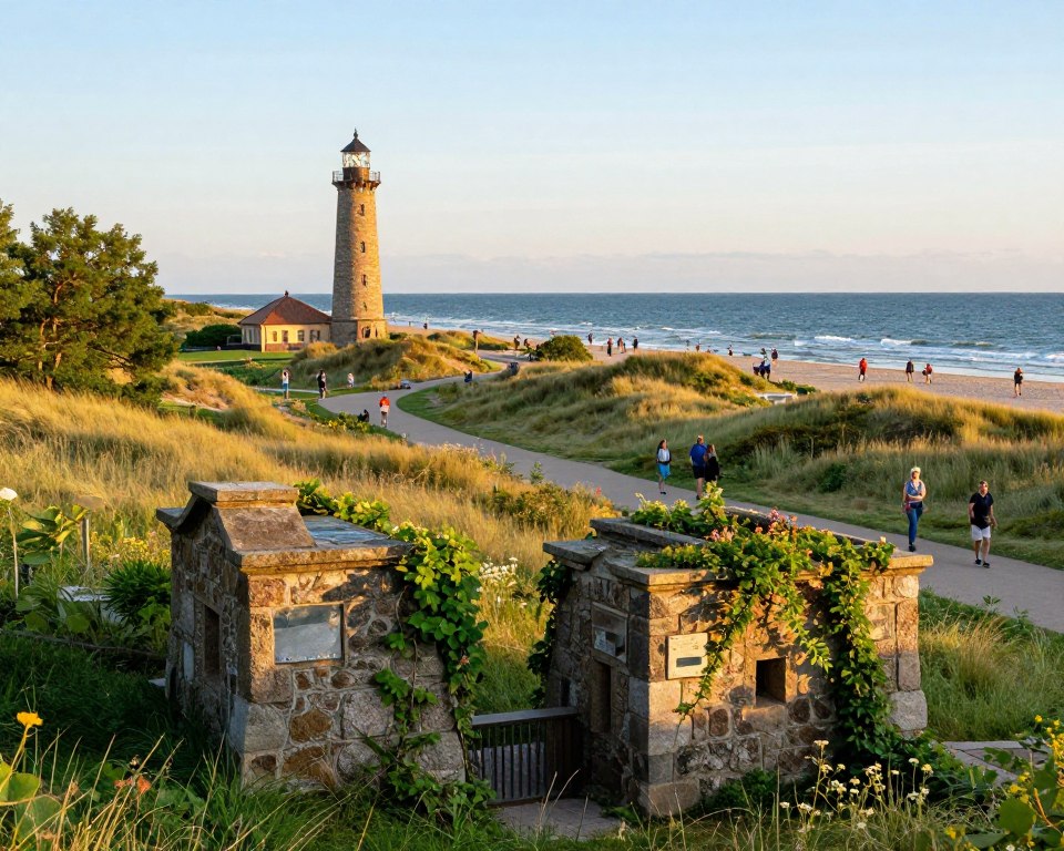 A picturesque view of hydrotechnical infrastructure on Sobieszewska Island, showcasing historical landmarks like a traditional lighthouse and elegant promenade, surrounded by lush coastal dunes. In the foreground, focus on aged stone structures entwined with greenery, reflecting the rich history. The middle ground captures walking paths winding through the dunes, dotted with wildflowers and dotted visitors, dressed in casual nature attire. The background features gentle waves of the Baltic Sea under a clear sky, with soft golden sunlight enhancing the serene atmosphere. Use a wide-angle lens to convey depth and vivid colors, with a slightly warm tone to evoke a tranquil and inviting mood. A picturesque view of hydrotechnical infrastructure on Sobieszewska Island, showcasing historical landmarks like a traditional lighthouse and elegant promenade, surrounded by lush coastal dunes. In the foreground, focus on aged stone structures entwined with greenery, reflecting the rich history. The middle ground captures walking paths winding through the dunes, dotted with wildflowers and dotted visitors, dressed in casual nature attire. The background features gentle waves of the Baltic Sea under a clear sky, with soft golden sunlight enhancing the serene atmosphere. Use a wide-angle lens to convey depth and vivid colors, with a slightly warm tone to evoke a tranquil and inviting mood.