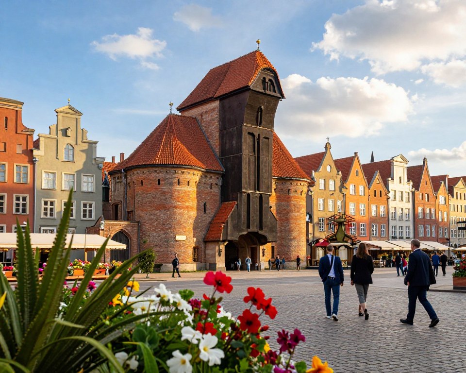 A picturesque view of the Brama Straganiarska in Gdańsk, showcasing its distinct Gothic architecture with intricate details and textured brickwork. In the foreground, vibrant flowers and green foliage create a welcoming atmosphere. The middle ground features the iconic archway of the gate, flanked by historical buildings exhibiting various architectural styles that represent Gdańsk's rich history. The background reveals a clear blue sky, bathed in warm sunlight filtering through the clouds, casting gentle shadows. The scene captures the vibrant life of the area with people casually strolling, dressed in professional attire, adding a lively touch. The overall mood is warm and inviting, evoking a sense of nostalgia and admiration for Gdańsk's heritage. Use a wide-angle lens to capture the depth and details of this captivating urban landscape.