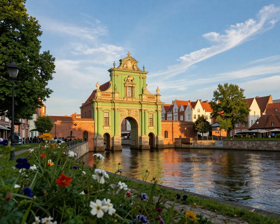 A picturesque view of the Green Gate in Gdańsk, capturing its historic architecture amidst the serene backdrop of the Motława River. The foreground features lush greenery with vibrant flowers, subtly leading the viewer's eye toward the grand facade of the gate, adorned with intricate sculptures and ornate details. In the middle ground, a gentle river reflects the golden hues of a late afternoon sun, casting soft shadows that evoke a sense of tranquility. The background should showcase a clear blue sky with wispy clouds, symbolizing the rich cultural heritage surrounding this iconic landmark. The overall mood is one of nostalgia and artistic inspiration, inviting viewers to explore the stories and legends intertwined with this architectural gem. Use a warm, natural lighting to enhance the scene's enchanting atmosphere, with a slightly elevated perspective to encompass both the gate and the river. A picturesque view of the Green Gate in Gdańsk, capturing its historic architecture amidst the serene backdrop of the Motława River. The foreground features lush greenery with vibrant flowers, subtly leading the viewer's eye toward the grand facade of the gate, adorned with intricate sculptures and ornate details. In the middle ground, a gentle river reflects the golden hues of a late afternoon sun, casting soft shadows that evoke a sense of tranquility. The background should showcase a clear blue sky with wispy clouds, symbolizing the rich cultural heritage surrounding this iconic landmark. The overall mood is one of nostalgia and artistic inspiration, inviting viewers to explore the stories and legends intertwined with this architectural gem. Use a warm, natural lighting to enhance the scene's enchanting atmosphere, with a slightly elevated perspective to encompass both the gate and the river.