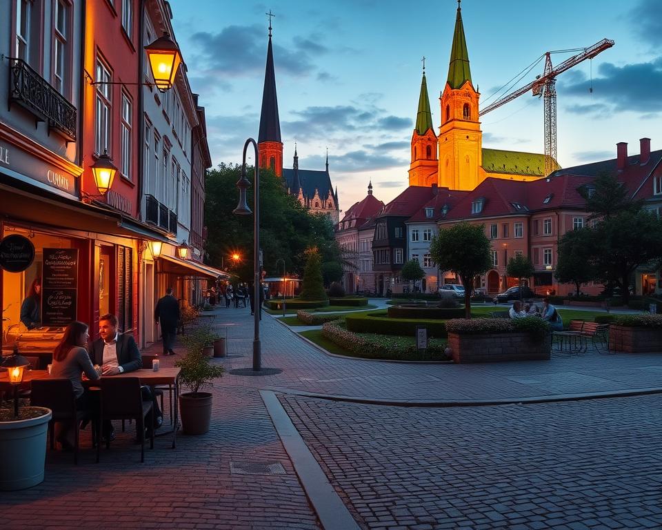 A picturesque view of the best neighborhood for accommodation in Gdańsk during twilight, showcasing a charming cobblestone street lined with vibrant, historic buildings. In the foreground, a few guests, dressed in smart casual attire, are enjoying outdoor dining at a cozy café, illuminated by warm, inviting lanterns. The middle ground features a beautifully maintained park with locals relaxing, enhancing the atmosphere of a friendly community. The background highlights the iconic Gdańsk architecture with church spires and the famous crane, bathed in the soft glow of sunset. The scene conveys a welcoming and vibrant mood, captured with a wide-angle lens to emphasize the quaint beauty of the neighborhood, bathed in soft, warm lighting. A picturesque view of the best neighborhood for accommodation in Gdańsk during twilight, showcasing a charming cobblestone street lined with vibrant, historic buildings. In the foreground, a few guests, dressed in smart casual attire, are enjoying outdoor dining at a cozy café, illuminated by warm, inviting lanterns. The middle ground features a beautifully maintained park with locals relaxing, enhancing the atmosphere of a friendly community. The background highlights the iconic Gdańsk architecture with church spires and the famous crane, bathed in the soft glow of sunset. The scene conveys a welcoming and vibrant mood, captured with a wide-angle lens to emphasize the quaint beauty of the neighborhood, bathed in soft, warm lighting.