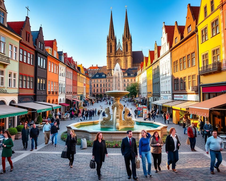 A picturesque view of the heart of Gdańsk, featuring the stunning Długi Targ (Long Market) surrounded by colorful historical buildings. In the foreground, a well-maintained cobblestone street lined with quaint cafes and shops, where people in professional attire and modest casual clothing stroll leisurely. In the middle, the iconic Gothic-style Neptune Fountain sparkling in the sunlight, flanked by vibrant greenery and bustling activity. In the background, the towering spires of St. Mary's Church rise majestically against a clear blue sky. The scene is bathed in warm, golden hour lighting, creating a welcoming and lively atmosphere perfect for exploring this beautiful city. A picturesque view of the heart of Gdańsk, featuring the stunning Długi Targ (Long Market) surrounded by colorful historical buildings. In the foreground, a well-maintained cobblestone street lined with quaint cafes and shops, where people in professional attire and modest casual clothing stroll leisurely. In the middle, the iconic Gothic-style Neptune Fountain sparkling in the sunlight, flanked by vibrant greenery and bustling activity. In the background, the towering spires of St. Mary's Church rise majestically against a clear blue sky. The scene is bathed in warm, golden hour lighting, creating a welcoming and lively atmosphere perfect for exploring this beautiful city.