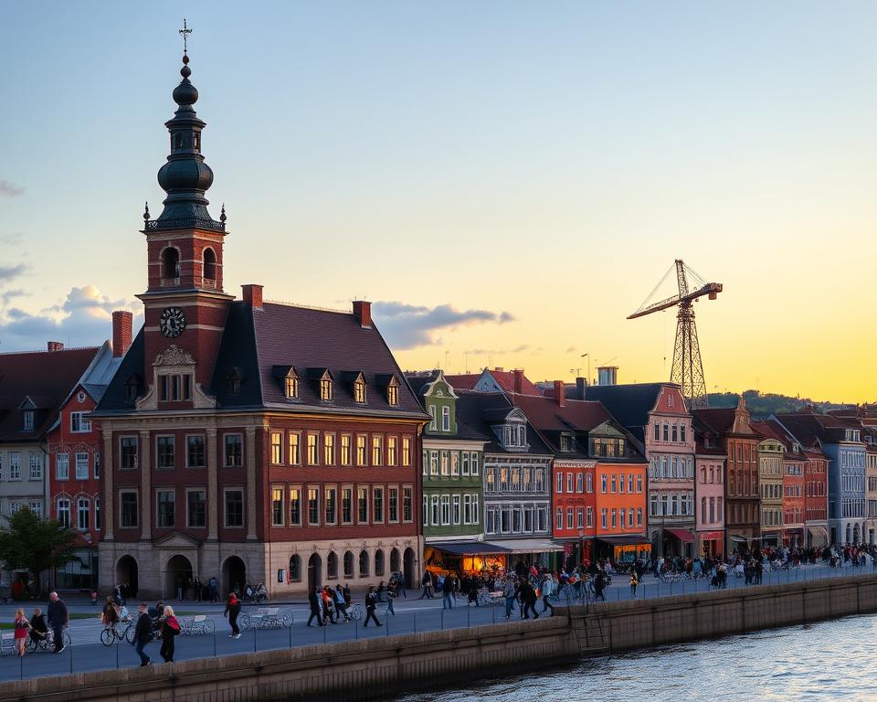 A picturesque view of the iconic Gdańsk skyline at sunset, prominently featuring the medieval Gdańsk Main Town Hall with its impressive clock tower in the foreground, surrounded by charming, colorful merchant houses reflecting the city's trading history. The vibrant atmosphere captures tourists strolling along the Motława River, creating a lively scene. In the background, the famous Crane (Żuraw) stands majestically against the sky, its silhouette beautifully accentuated by the warm, golden hues of the setting sun. The scene is illuminated with soft, diffused lighting, enhancing the welcoming and historical ambiance of the city. The photo should be taken from a low angle to emphasize the architectural grandeur while creating a sense of depth in the composition, evoking a feeling of curiosity and exploration.