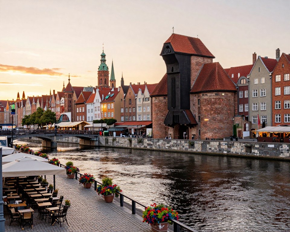 A picturesque view of the water gates in Gdańsk, specifically focusing on the Chlebnicka, Mariacka, and Świętojańska gates. In the foreground, include cobblestone paths lined with small, charming cafes and vibrant flowers. The middle ground features the majestic, intricately designed gates surrounded by traditional brick buildings with colorful facades. Light reflects off the calm waters of the Motława River, creating a serene atmosphere. In the background, capture the silhouettes of the historical skyline with church spires and rooftops under a soft sunset glow. Use warm, inviting lighting to evoke a sense of tranquility and urban harmony. The scene should be framed from a slightly elevated angle, emphasizing the architectural beauty and waterway integration into the urban structure of Gdańsk.