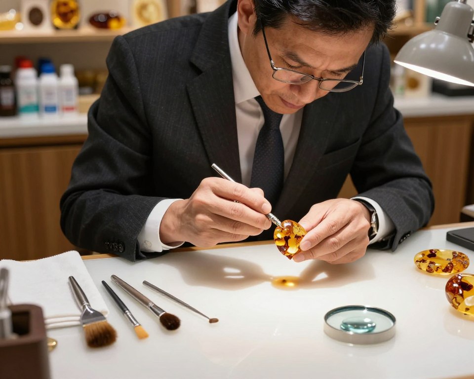 A professional jeweler carefully examining a piece of amber jewelry, showcasing intricately detailed amber with natural inclusions sparkling in the light. The foreground features a clean, polished workbench equipped with various professional cleaning tools: soft cloths, brushes, and magnifying glass. In the middle, the jeweler, a middle-aged person dressed in a smart business attire, leans over the amber, displaying focused concentration. The background contains faintly blurred shelves filled with various cleaning products and amber pieces, creating a well-lit, inviting atmosphere. Soft, warm lighting highlights the rich golden hues of the amber and creates distinct shadows, evoking a sense of professionalism and care in cleaning and maintaining amber jewelry.