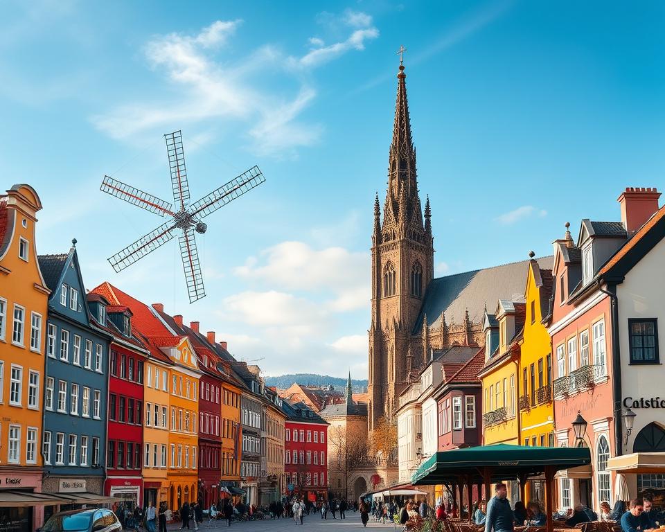 A scenic view of Gdańsk showcasing its iconic architecture, with the colorful facades of the historic buildings lining the medieval streets in the foreground. In the middle ground, depict the impressive Gdańsk Crane symbolizing the city’s maritime heritage, alongside the picturesque Motława River reflecting the blue sky. The background features the towering St. Mary's Church, with its ornate spire reaching towards the clouds. Include a few people in modest casual attire enjoying the vibrant atmosphere, perhaps sitting at outdoor cafés. Capture the scene during a sunny day with warm, inviting lighting that enhances the cheerful mood and emphasizes the beauty of the city. Use a slight wide-angle perspective to encompass the rich architectural details and the lively ambiance.