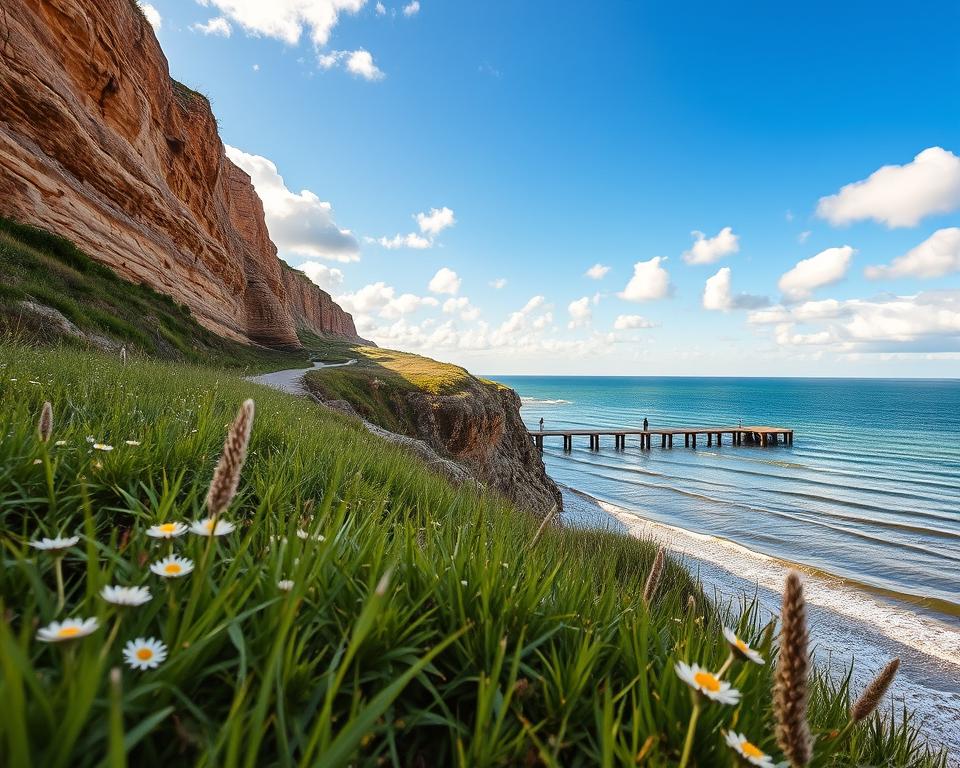 A scenic view of Gdynia Orłowski Cliff, capturing the natural beauty of the region. In the foreground, lush green grass with wildflowers, gently swaying in a light breeze. The middle ground showcases the dramatic, steep cliffside, with rocky textures and layers visible, leading to a peaceful wooden pier extending into the sea. A few people, dressed in casual attire, can be seen walking along the pier, enjoying the view. The background features the serene Baltic Sea, with gentle waves lapping against the shore, under a bright blue sky dotted with fluffy white clouds. The lighting is warm and inviting, suggesting a late afternoon sun, casting soft shadows on the cliff and water. The overall mood is tranquil and uplifting, ideal for a nature escape. A scenic view of Gdynia Orłowski Cliff, capturing the natural beauty of the region. In the foreground, lush green grass with wildflowers, gently swaying in a light breeze. The middle ground showcases the dramatic, steep cliffside, with rocky textures and layers visible, leading to a peaceful wooden pier extending into the sea. A few people, dressed in casual attire, can be seen walking along the pier, enjoying the view. The background features the serene Baltic Sea, with gentle waves lapping against the shore, under a bright blue sky dotted with fluffy white clouds. The lighting is warm and inviting, suggesting a late afternoon sun, casting soft shadows on the cliff and water. The overall mood is tranquil and uplifting, ideal for a nature escape.